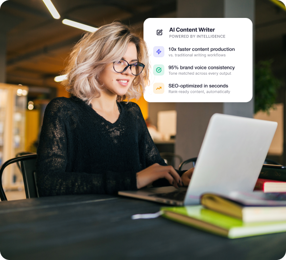 Marketer working on a laptop with AI Content Writer benefits