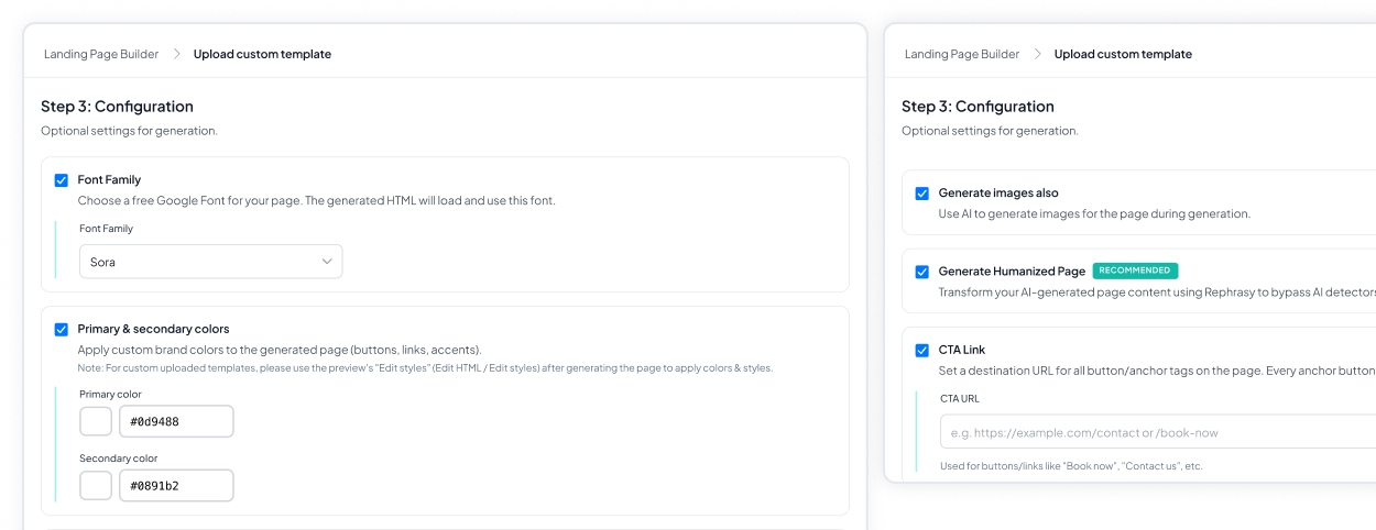 Configure The Page - Font family, brand colours, and generation options