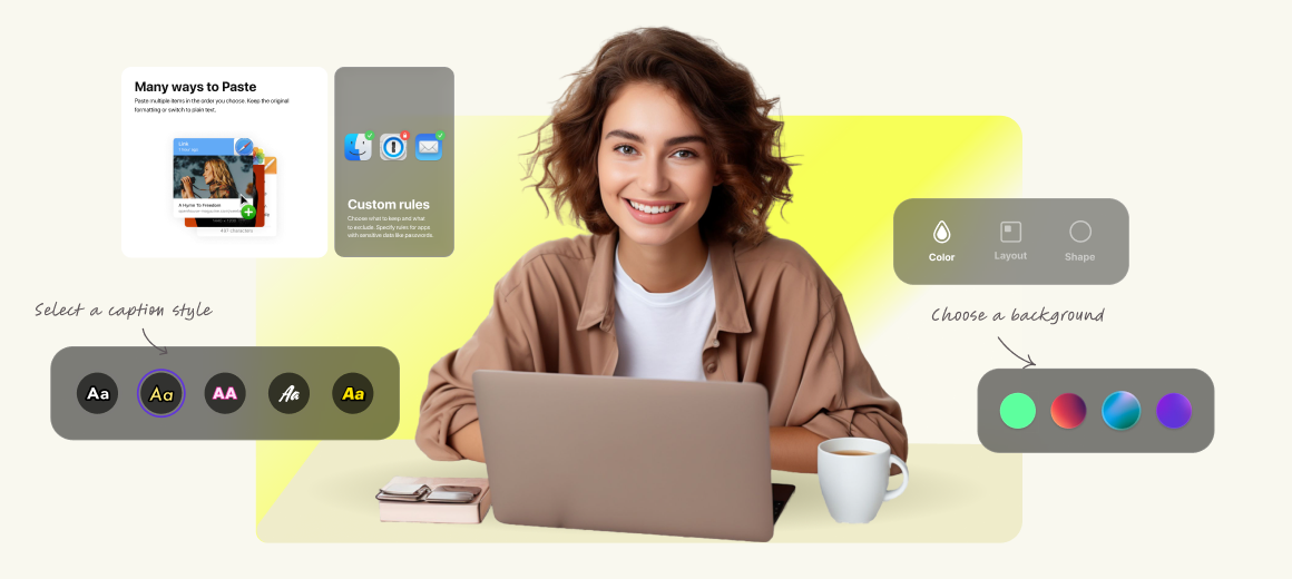 BrandStory AI website builder — paste tools, custom rules, caption styles, color and background controls