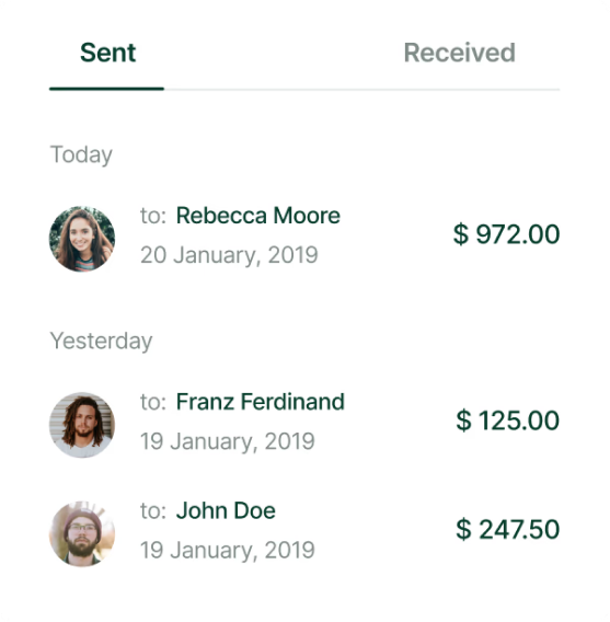 Sent payments transaction history preview